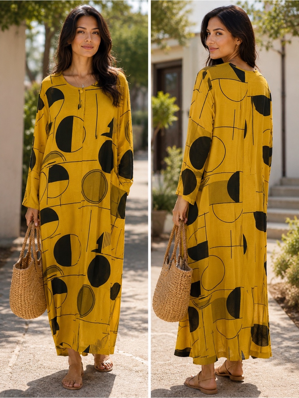 Women’s Mustard Yellow Abstract Geometric Print Maxi Dress | Long Sleeve | Relax